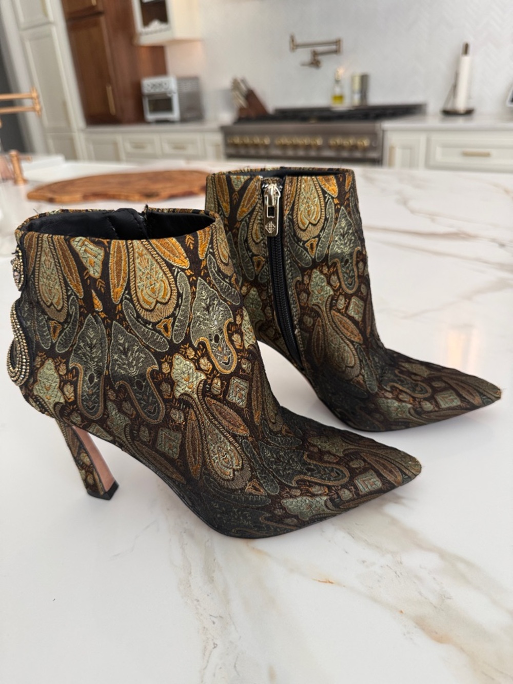 ANTONIO MELANI Gold and Black Paisley Jacquard Ankle Boots W/ Snake Wrap
